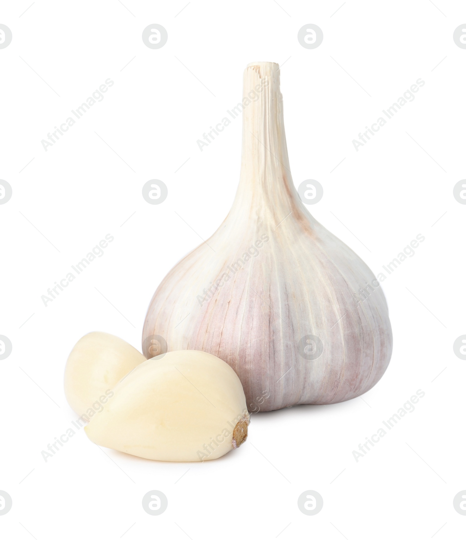 Photo of Fresh organic garlic bulb and cloves on white background