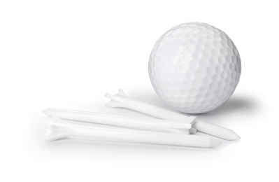 Photo of Golf ball and tees on white background. Sport equipment