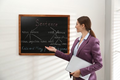 Photo of English teacher giving sentence construction rules near blackboard in classroom