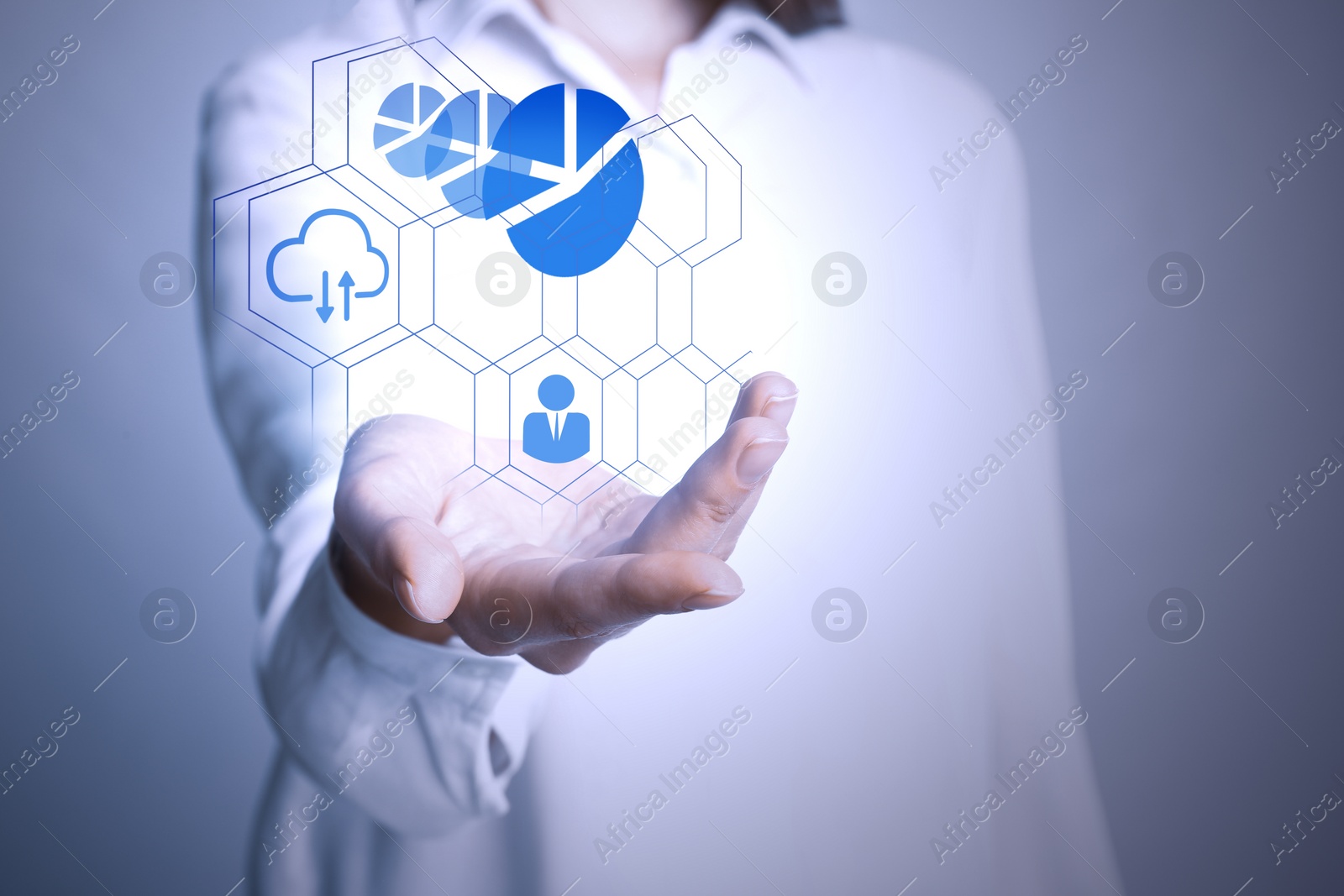 Image of  Woman demonstrating icons of data management system on grey background, closeup