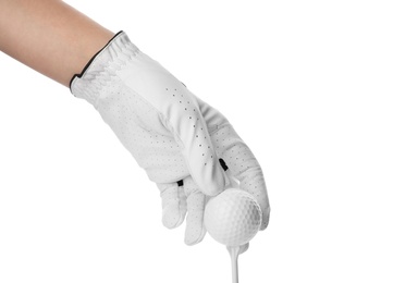 Photo of Player putting golf ball on tee against white background, closeup