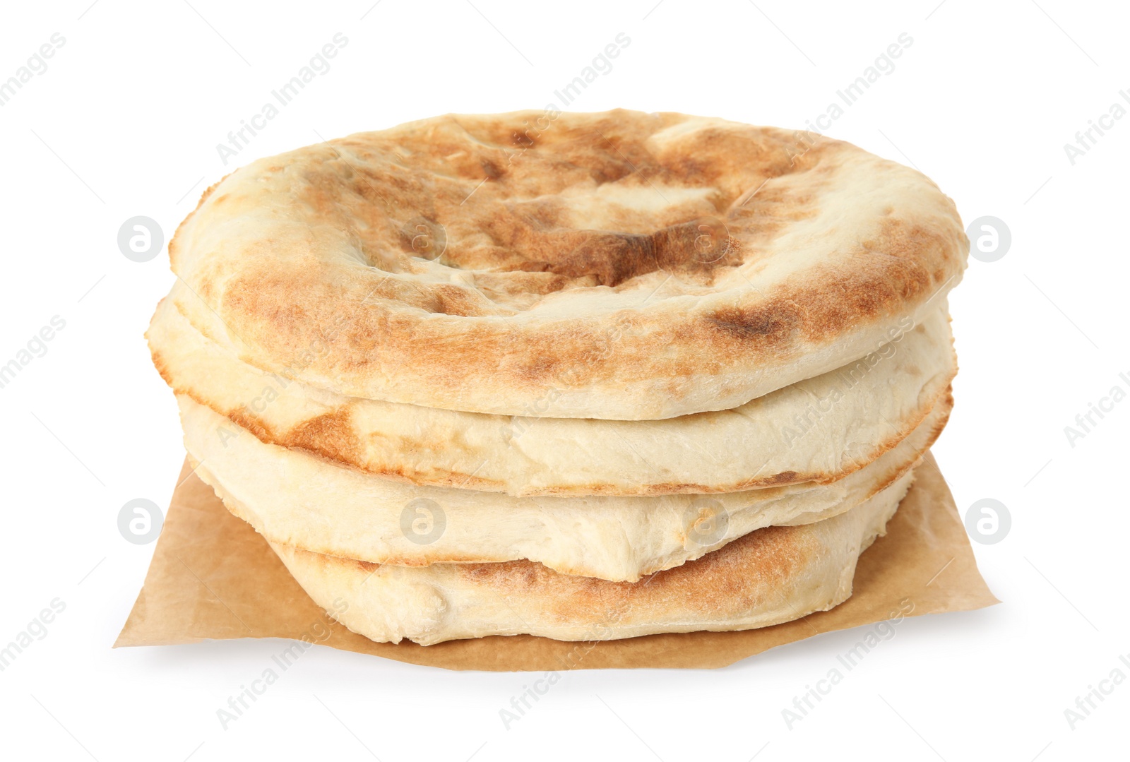 Photo of Loaves of delicious fresh pita bread on white background