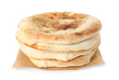 Photo of Loaves of delicious fresh pita bread on white background