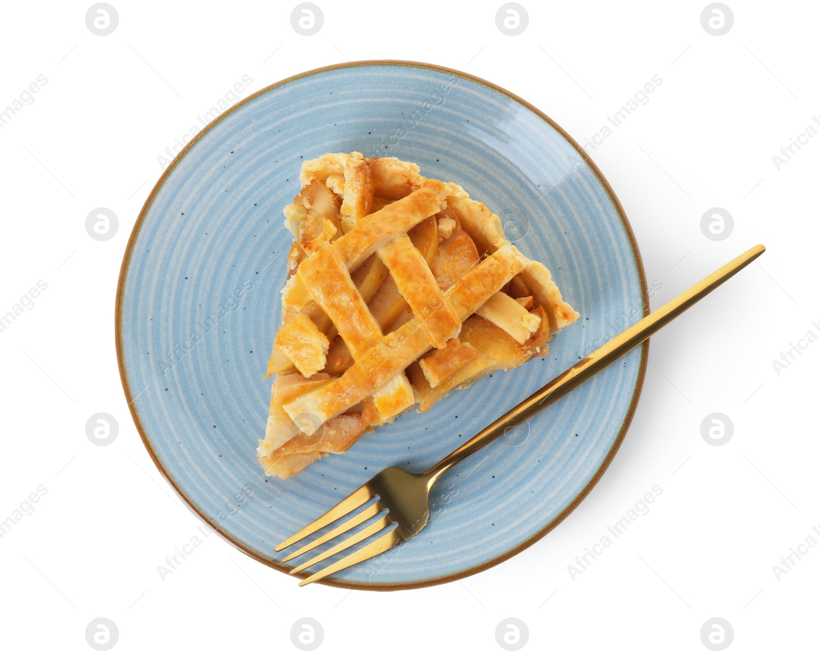 Photo of Plate with piece of tasty homemade quince pie and fork isolated on white, top view