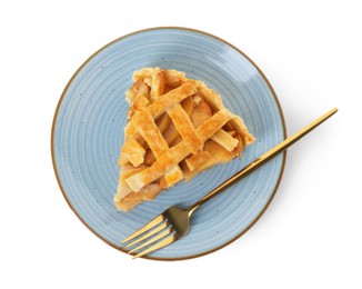 Plate with piece of tasty homemade quince pie and fork isolated on white, top view