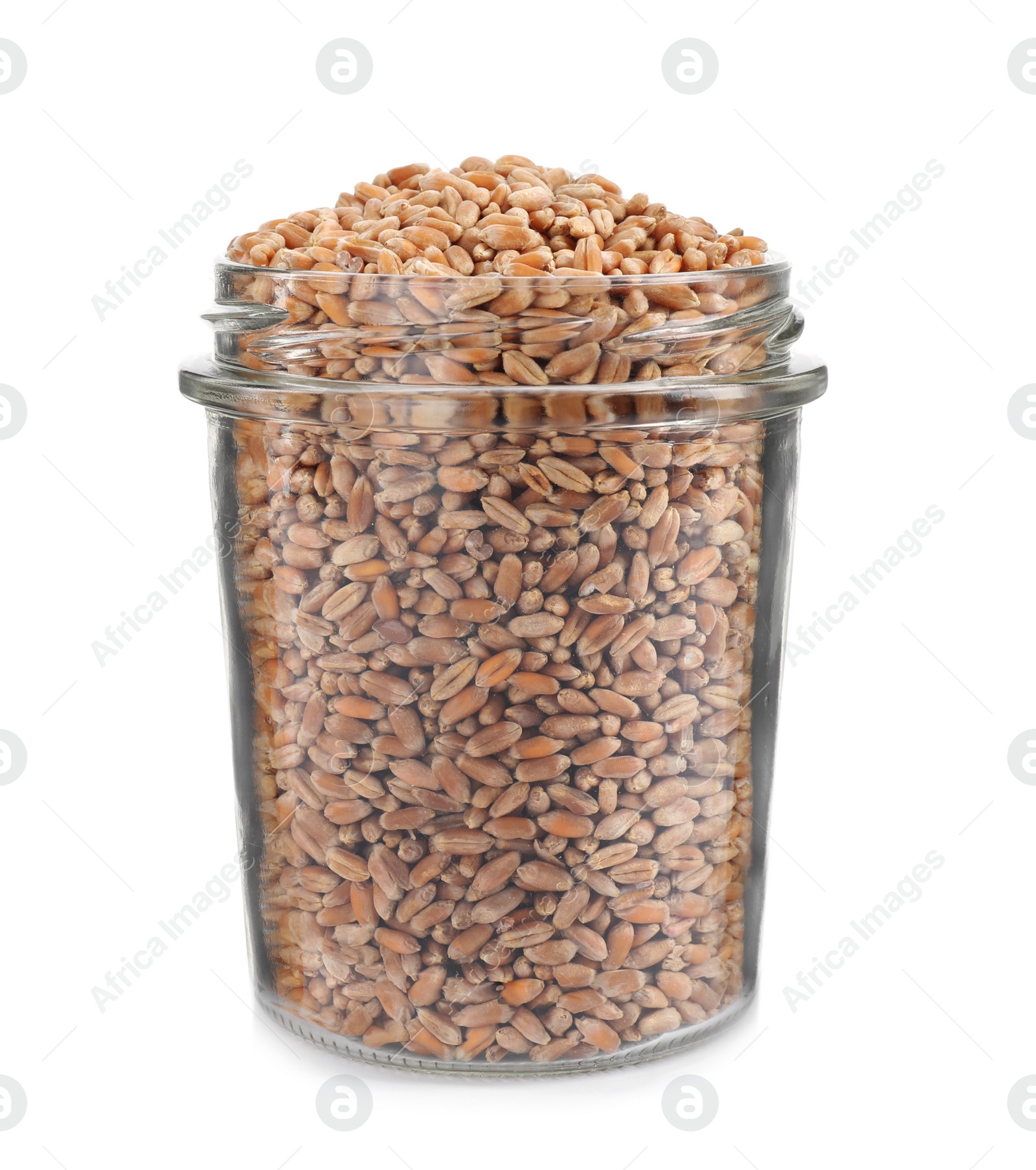 Photo of Glass jar with wheat grains isolated on white