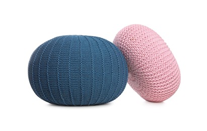 Photo of Different stylish poufs on white background. Home design