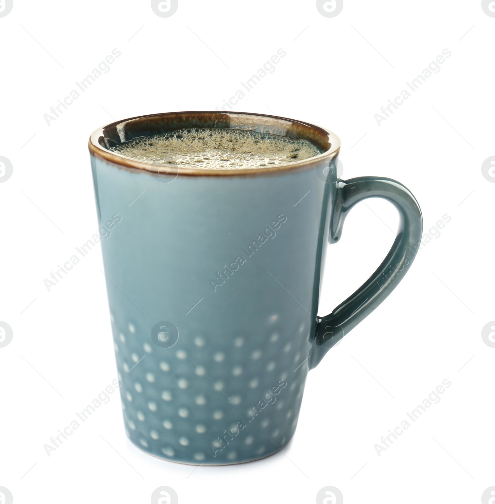 Photo of Cup with delicious hot coffee on white background