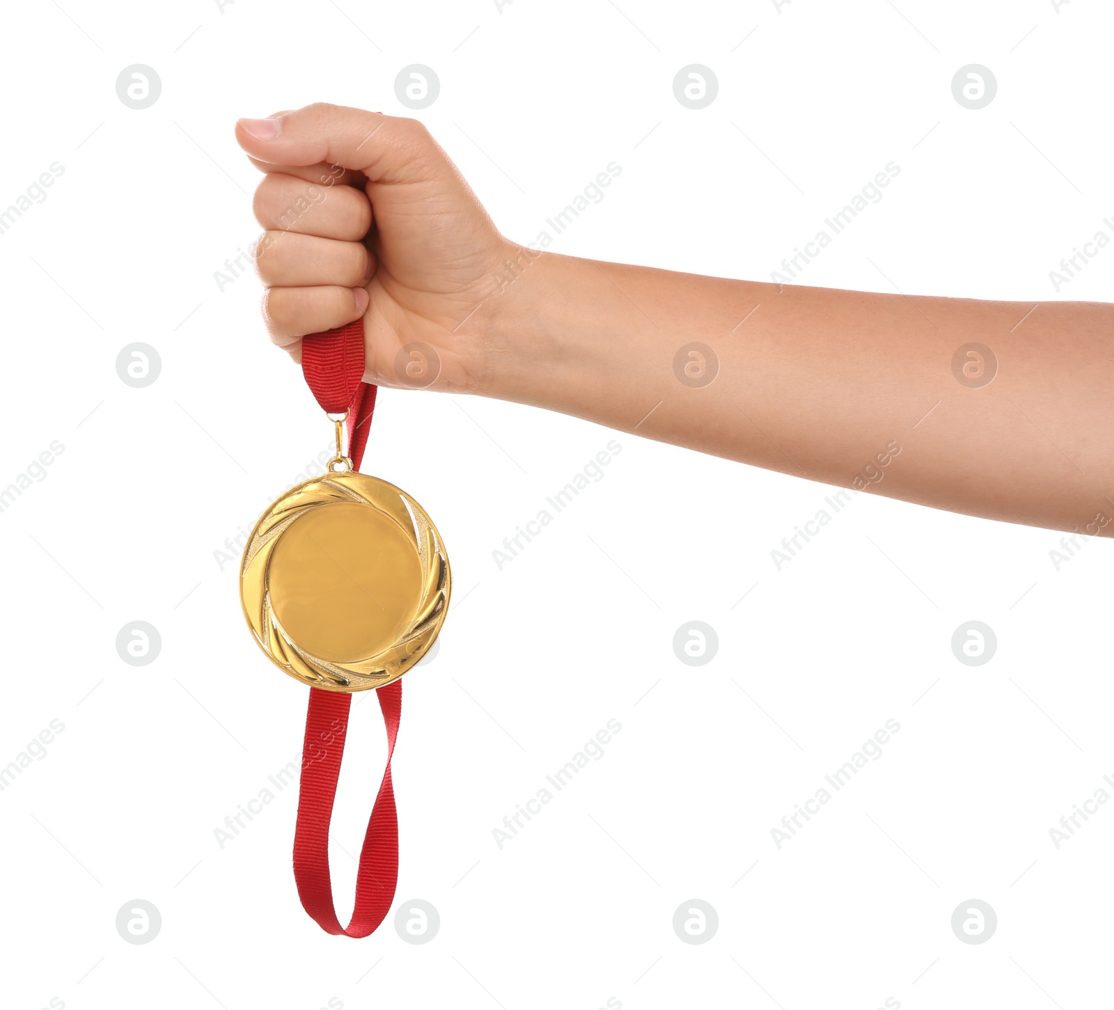 Photo of Woman holding gold medal on white background, closeup