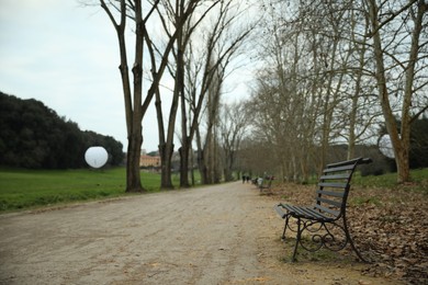 Picturesque view of beautiful green park with trees, pathway and bench on cloudy day