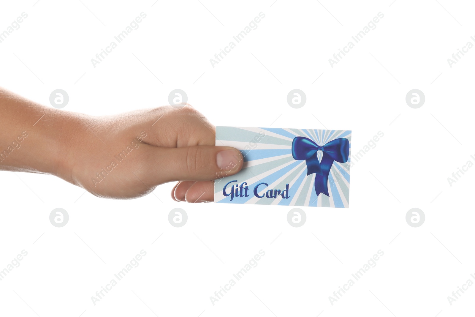 Photo of Man with gift card on white background, closeup