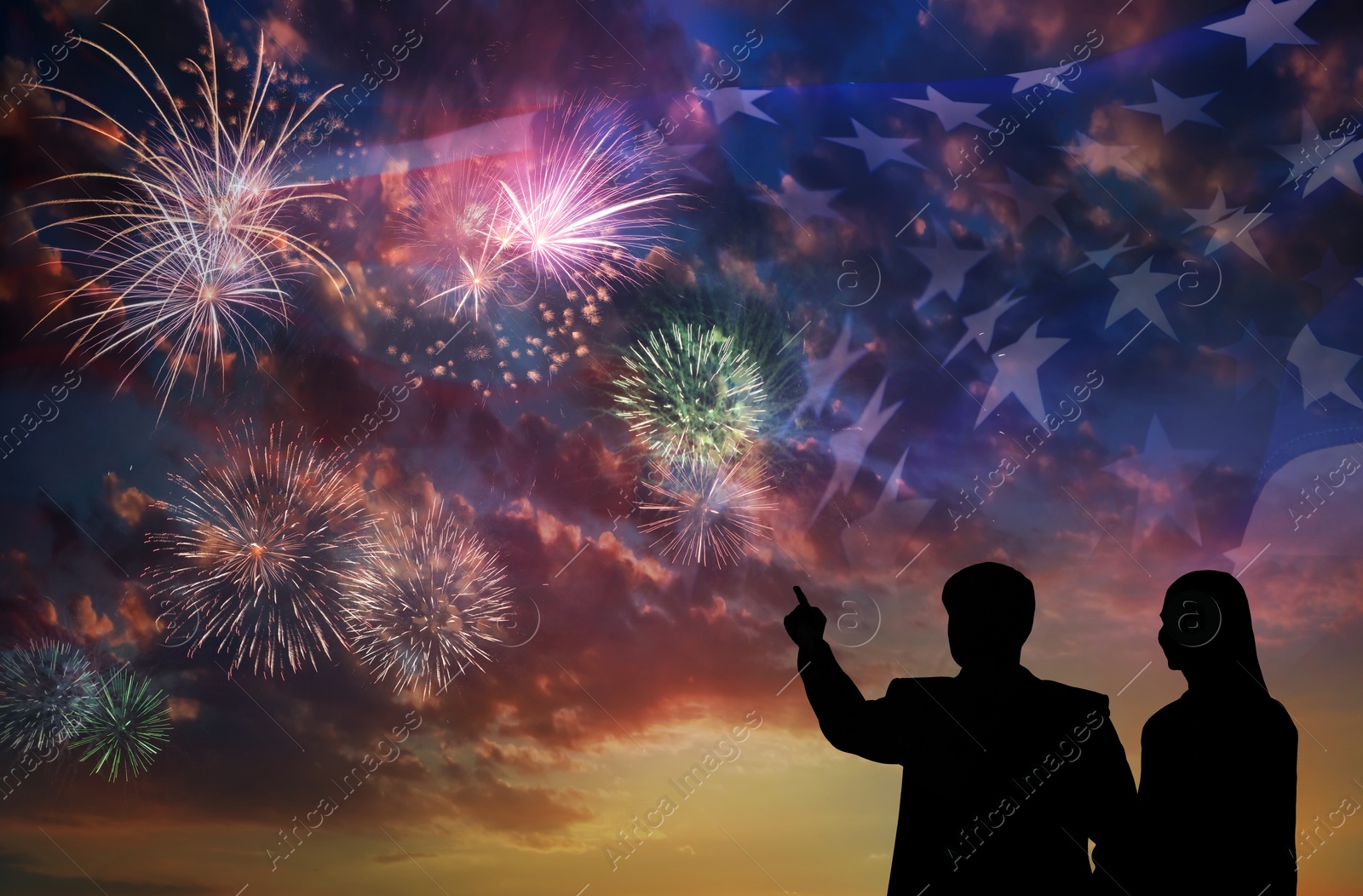 Image of 4th of July - Independence day of America. Couple enjoying fireworks in sky. Double exposure with flag of United States