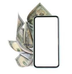 Image of Dollar banknotes and modern smartphone on white background