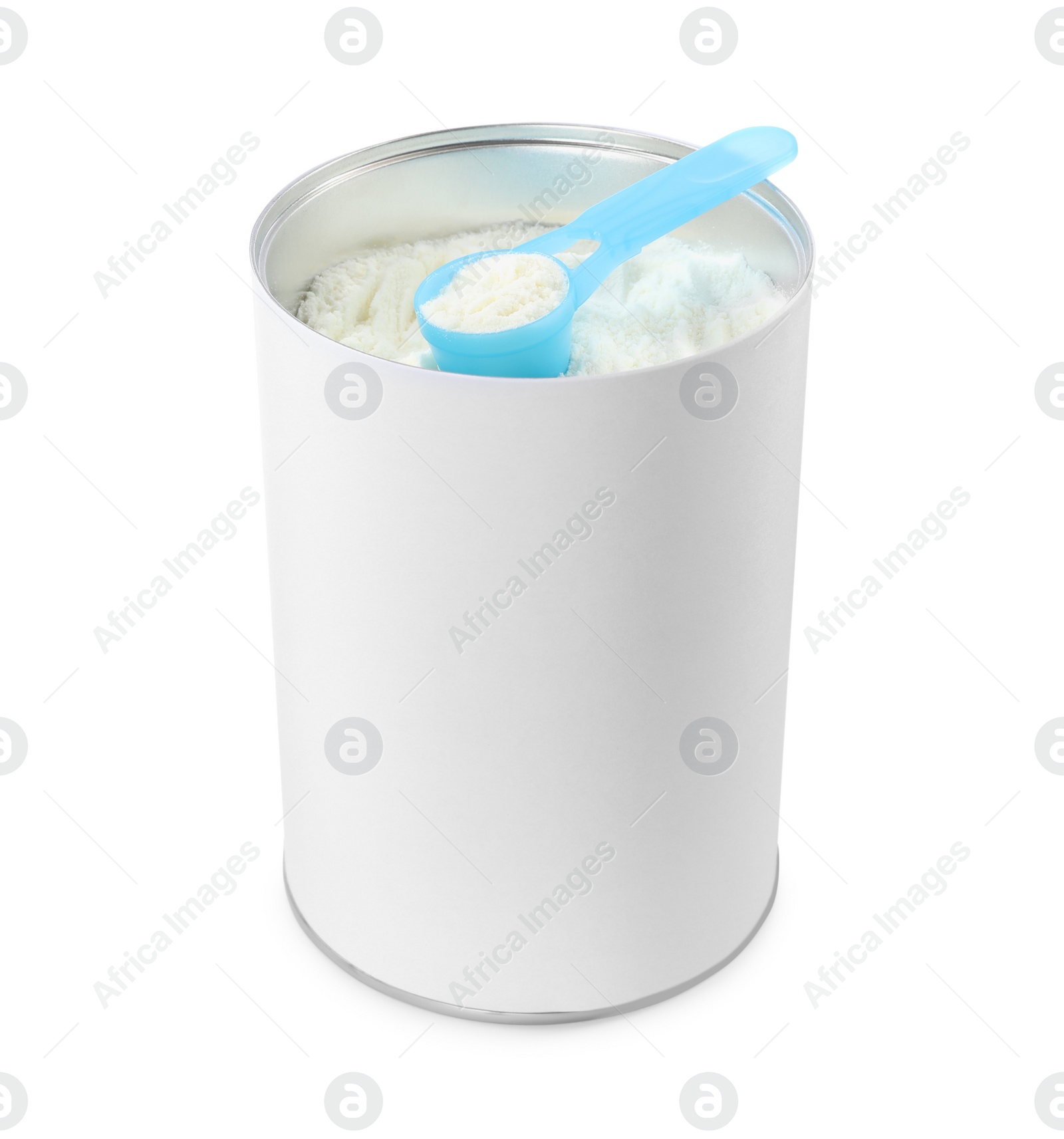 Photo of Blank can of powdered infant formula with scoop isolated on white, mockup for design. Baby milk