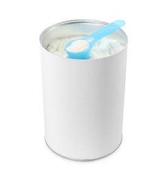 Photo of Blank can of powdered infant formula with scoop isolated on white, mockup for design. Baby milk