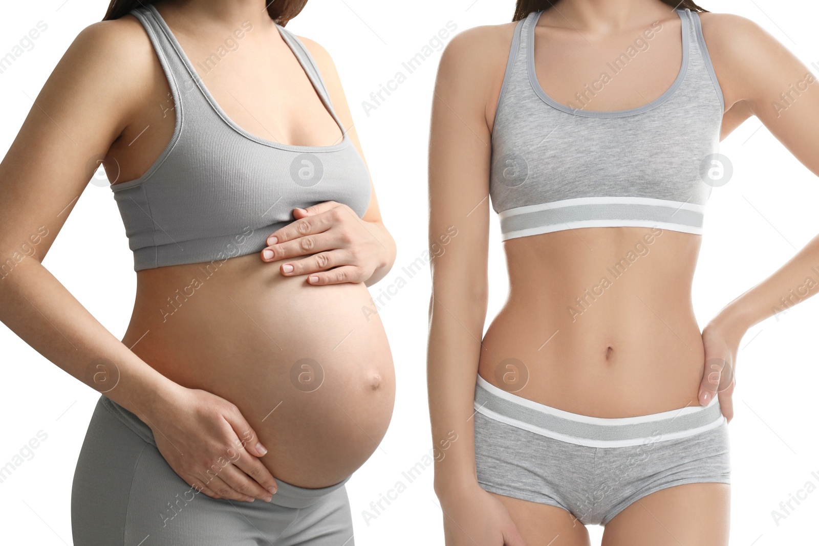 Image of Woman before and after childbirth on white background, closeup view of belly. Collage