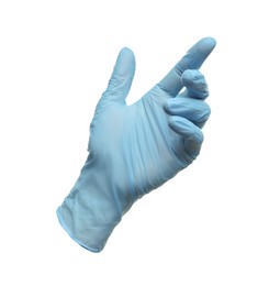 Image of One light blue medical glove isolated on white