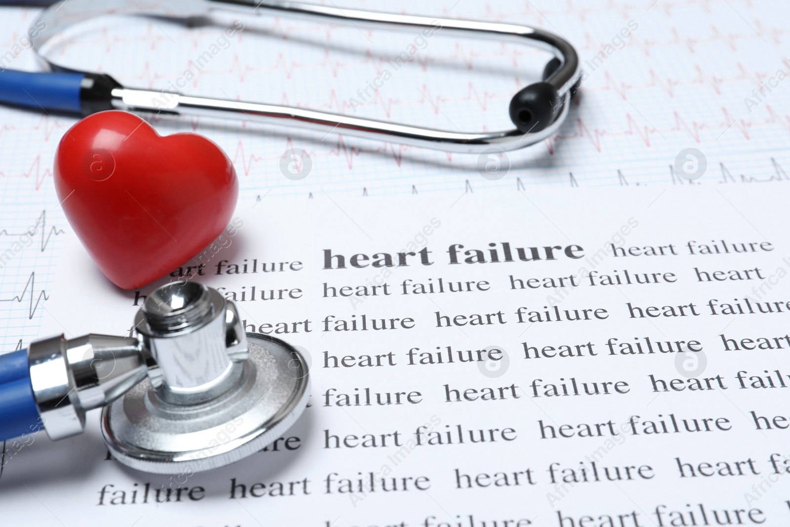 Photo of Composition with stethoscope, cardiogram and words HEART FAILURE