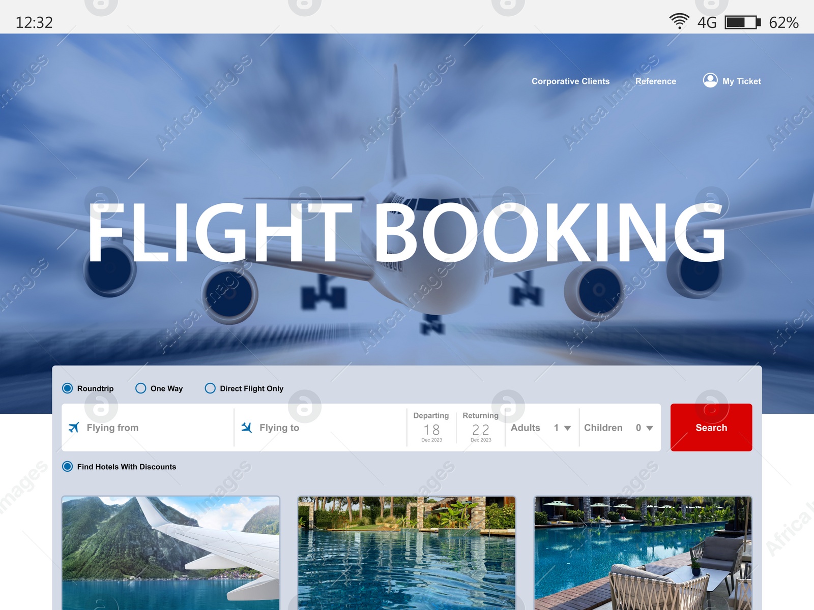 Image of Online flight booking website interface with information