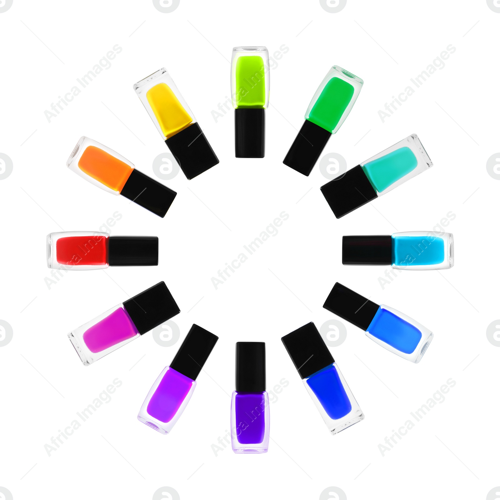 Image of Set of different nail polishes on white background, top view