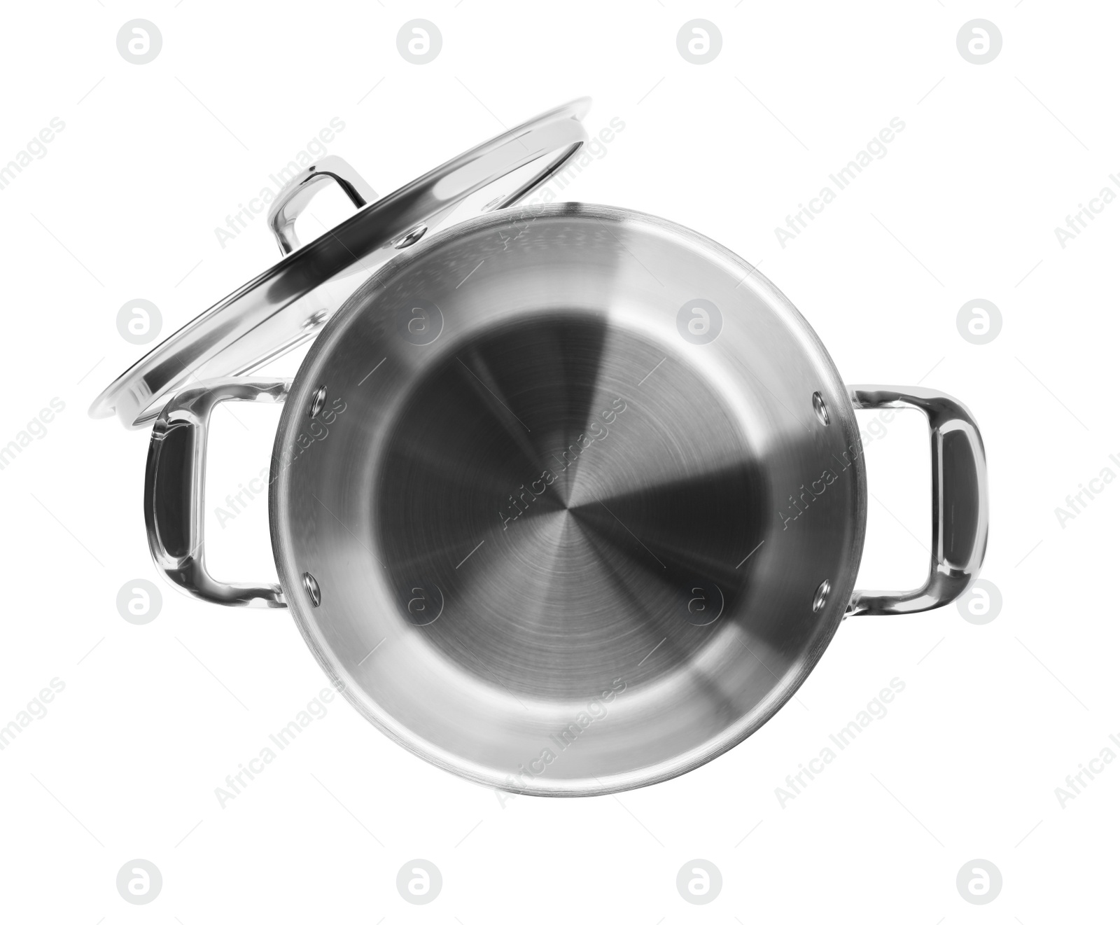 Photo of Modern clean saucepan with lid isolated on white, top view