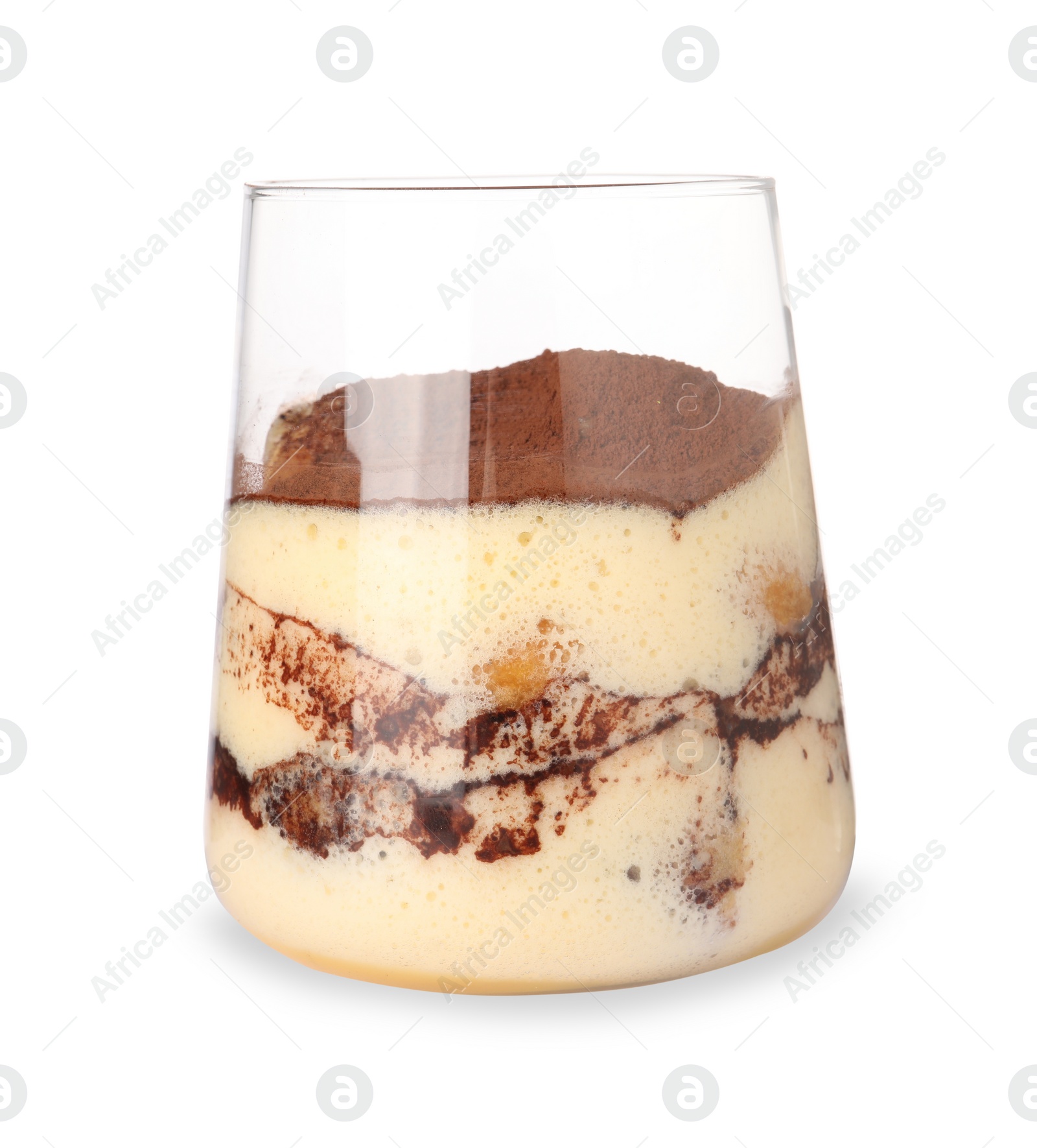 Photo of Delicious tiramisu in glass isolated on white