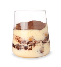 Photo of Delicious tiramisu in glass isolated on white