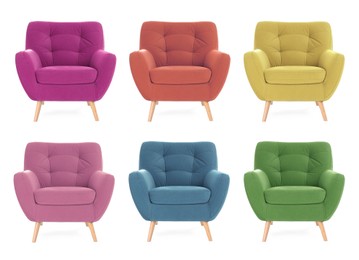 Image of Different colorful armchairs isolated on white, set