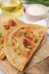 Photo of Delicious fried chebureki with cheese and green onion, closeup