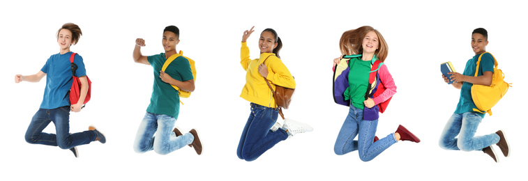 Image of Collage of jumping teenagers with school stationery on white background. Banner design