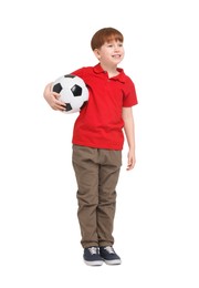 Photo of Little boy with soccer ball on white background