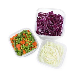 Photo of Fresh vegetables in plastic containers on white background, top view