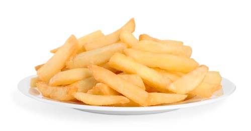 Photo of Plate with delicious french fries on white background