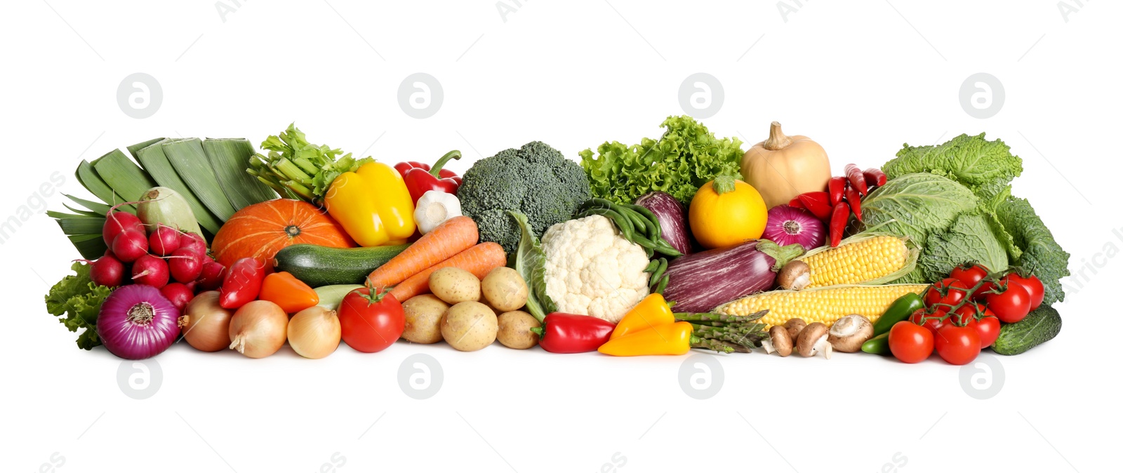 Photo of Pile of different fresh vegetables on white background