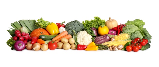 Photo of Pile of different fresh vegetables on white background
