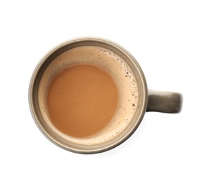 Cup of aromatic hot coffee on white background, top view