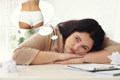 Image of Overweight woman dreaming about slim body at table. Weight loss concept