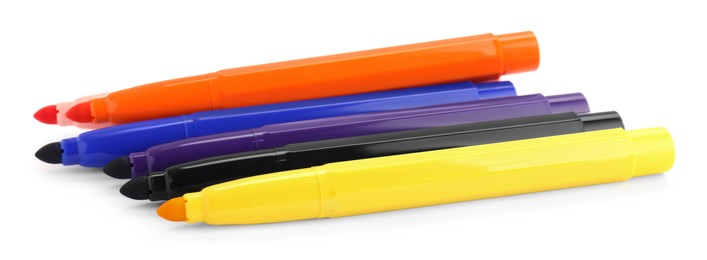 Photo of Many different colorful markers on white background