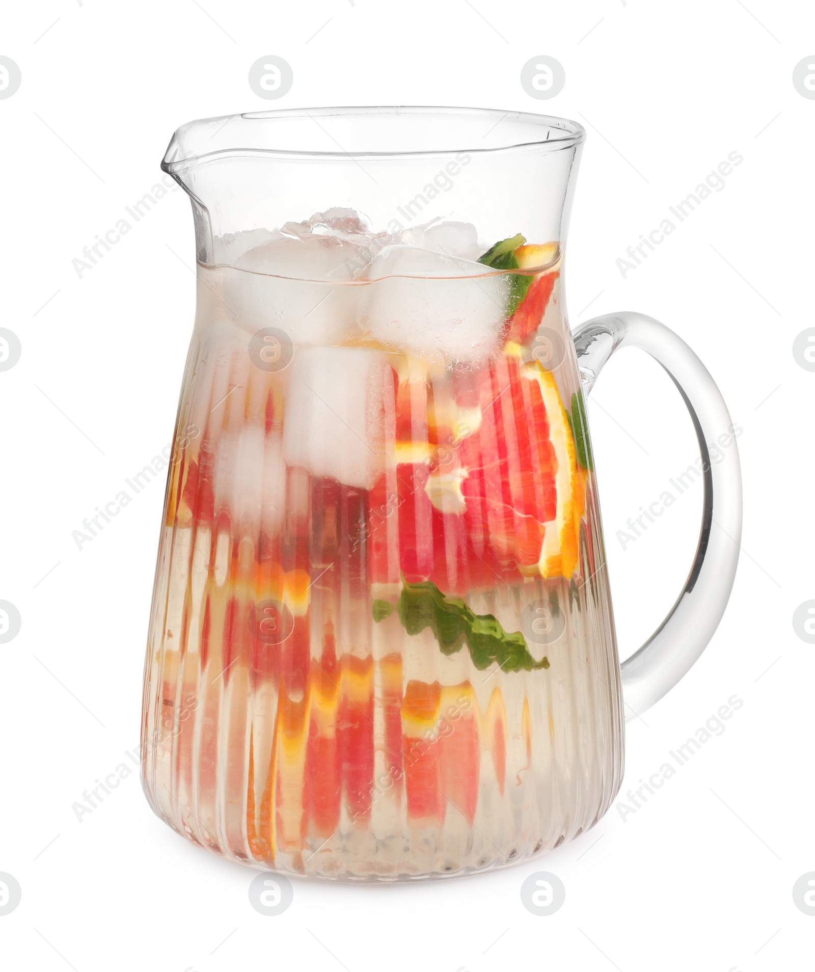 Photo of Delicious refreshing drink with sicilian orange, fresh mint and ice cubes in jug isolated on white