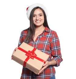 Young woman with Christmas gift on white background