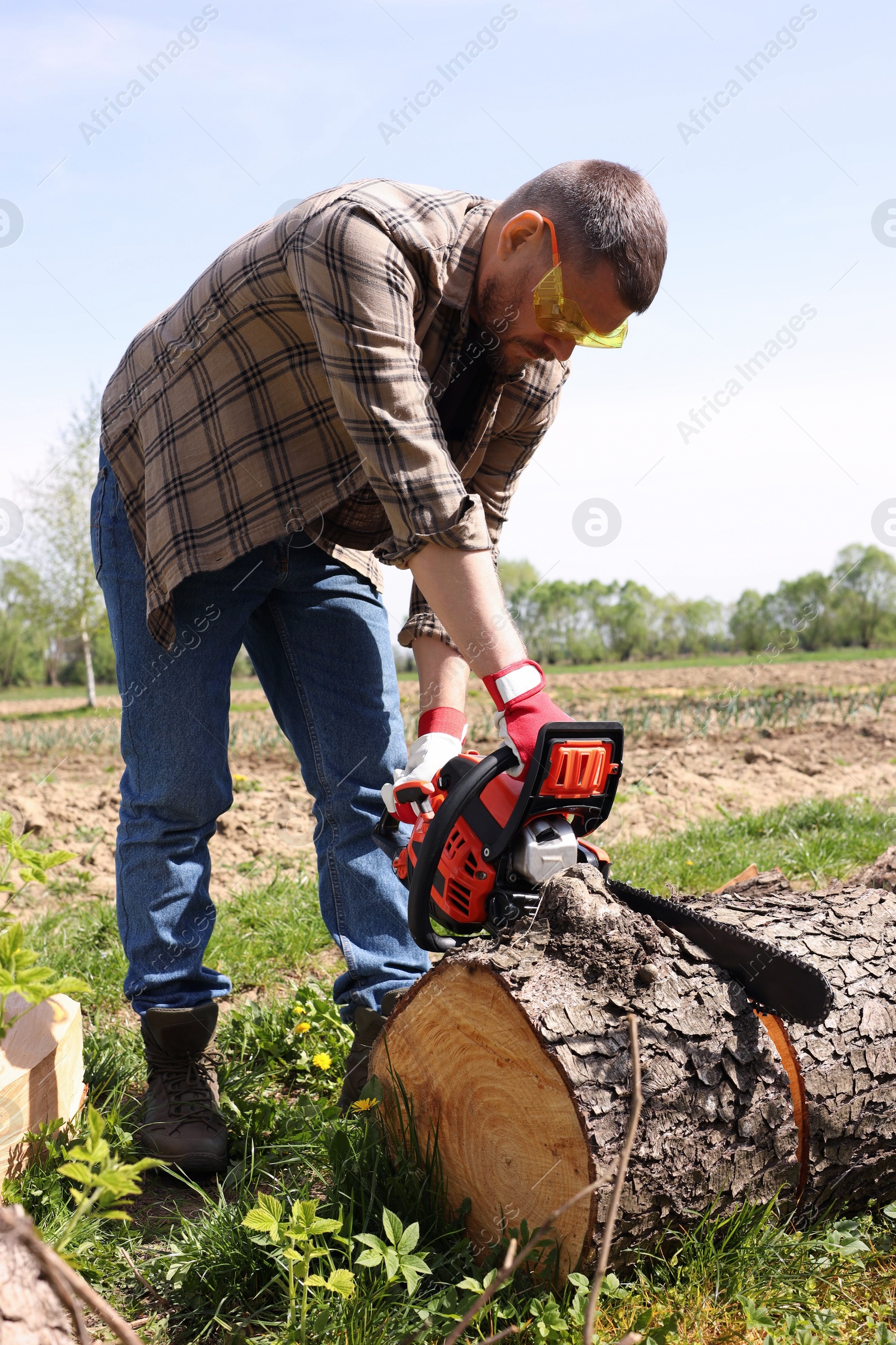 Photo of Man sawing wooden log on sunny day