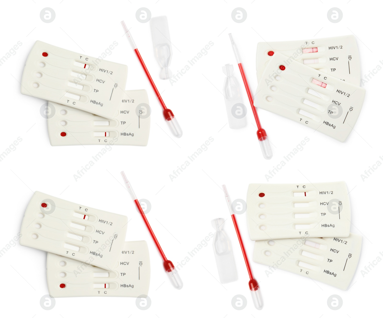 Image of Set with disposable express test kits for hepatitis on white background, top view