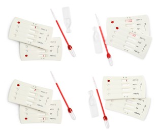 Image of Set with disposable express test kits for hepatitis on white background, top view