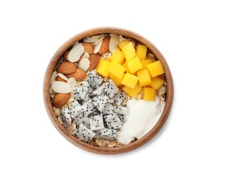 Photo of Bowl of granola with pitahaya, mango, almonds and yogurt isolated on white, top view