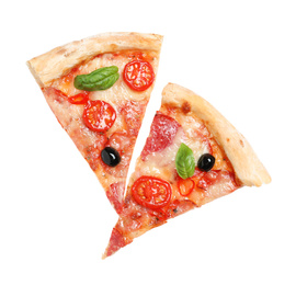 Slices of delicious pizza Diablo isolated on white, top view