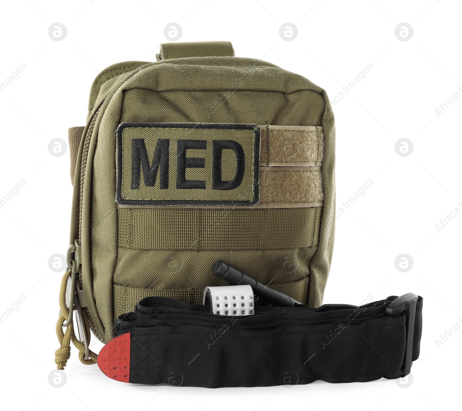 Photo of Military first aid kit with items isolated on white