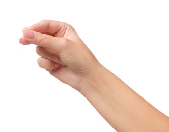 Photo of Woman holding something in fingers on white background