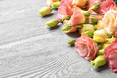 Photo of Beautiful fresh Eustoma flowers on wooden table, space for text