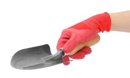 Photo of Woman in gardening glove holding trowel on white background, closeup