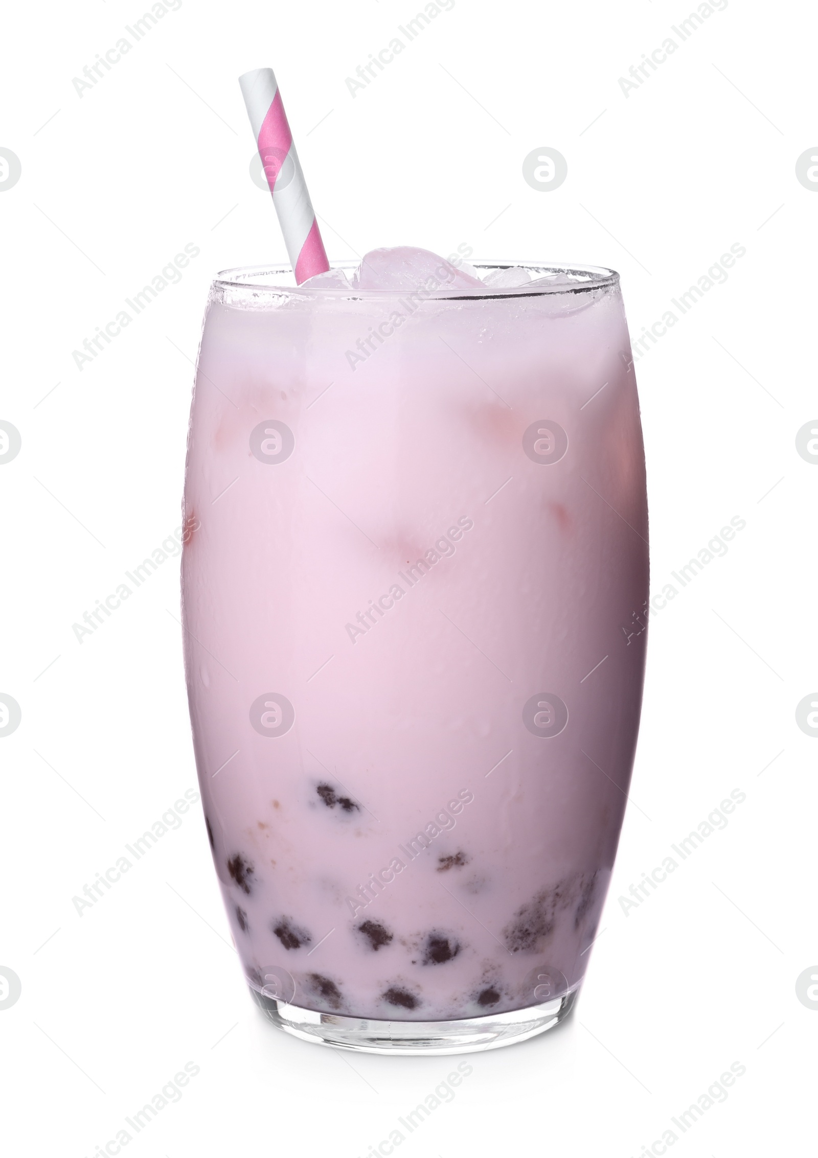 Photo of Tasty pink milk bubble tea isolated on white
